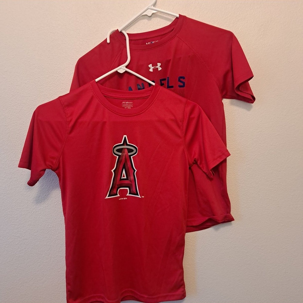 Lot of 2 Los Angeles Angels Youth Shirts Under Armour Gen2 Red Baseball Tees M
